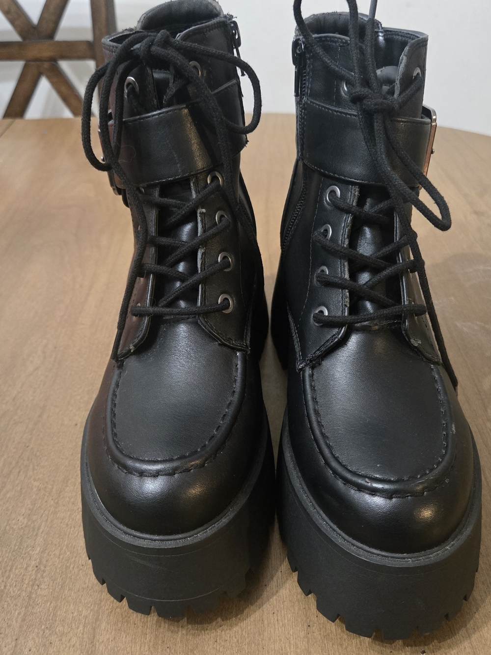 Soda Black Chunky Lug Lace-Up Ankle Boots with Buckle - Picture 8 of 16